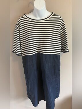 COS Navy Blue & White Striped Mixed Media T-Shirt Dress Size M